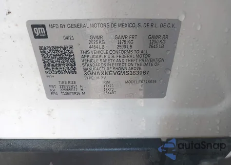 2021 Chevrolet Equinox Fwd Lt z USA, uszkodzony, nr VIN 3GNAXKEV6MS163967